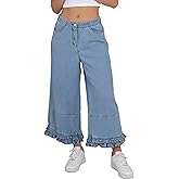 Dqbeng Womens Ruffle Hem Wide Leg Jeans Mid Rise Baggy Cropped Denim Pants with Pockets
