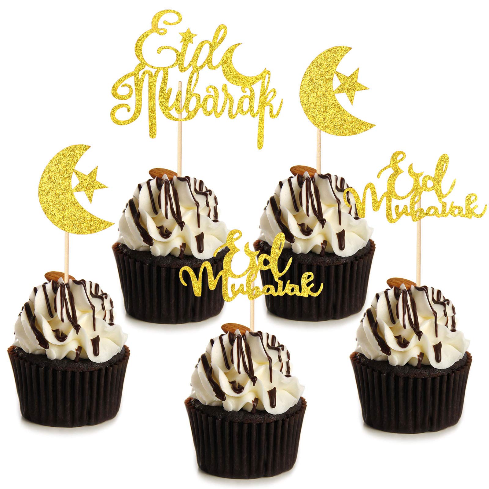 HOWAF 21 Pcs Eid Mubarak Cupcake Toppers, Gold Glitter Star Moon Eid Cupcake Toppers Eid Mubarak Cake Topper for Eid Party Muffin Cake Eid Mubarak Decorations Ramadan Party Supplies