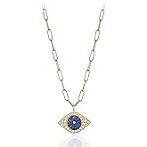 Anela Evil Eye Necklace with 14kt Gold Filled Paper Clip Chain, Cubic Zirconia Stones, Layering Necklace for Women, Hand Made in USA