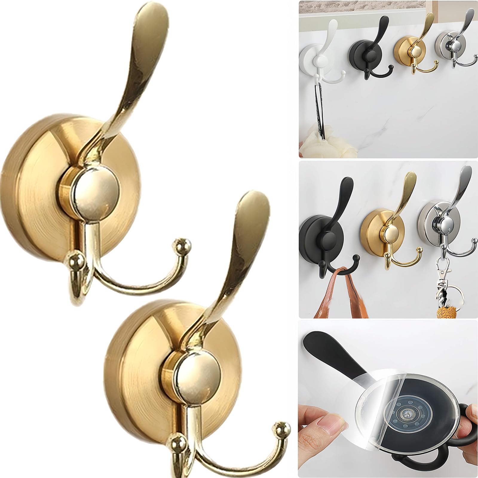 Boxonly No-Drill Suction Cup Duck Tongue Twin Hooks,2024 Upgraded Stainless Steel Waterproof Hooks for Bathroom,Shower,Kitchen,and Mirrors–Heavy Duty Towel Holders (2 Pcs, Gold)