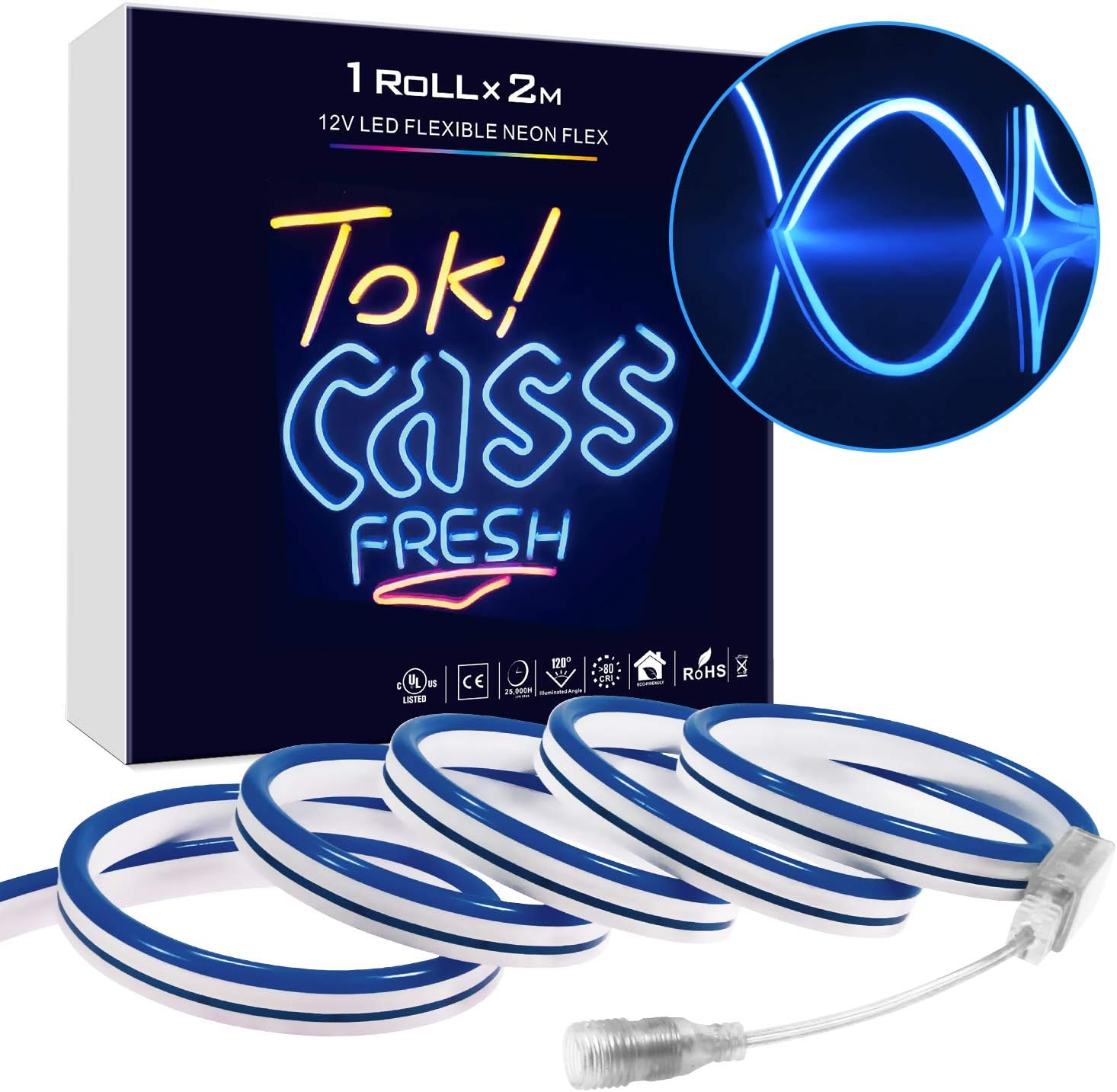 LED Neon Light, DC 12V Flexible LED Neon Sign Strip Lights Shaped Decor Light, 120 LEDs/M, Waterproof LED Rope Light for Indoor Outdoor Ambient Commercial Lighting Decoration (Blue)