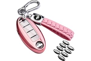 LORYVAN for Nissan Key Fob Cover Soft TPU 360 Degree Protection Key Case with Leather Keychain for Nissan Altima Maxima Murano Rogue Sentra 370z Pathfinder Smart Remote 2/3/4/5 Button Pink