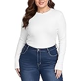 Women's Plus Size Long Sleeve Shirts Rib Knit Crewneck Slim Fitted T Shirt Tops Stretchy Basic Tee
