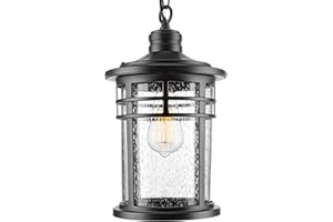 Darkaway Large Outdoor Pendant Lights, 15inch Outdoor Chandelier Hanging Porch Lights Outside Ceiling Mount Aluminum with Seeded Glass for Front Door Gazebo Patio (Large, Black)