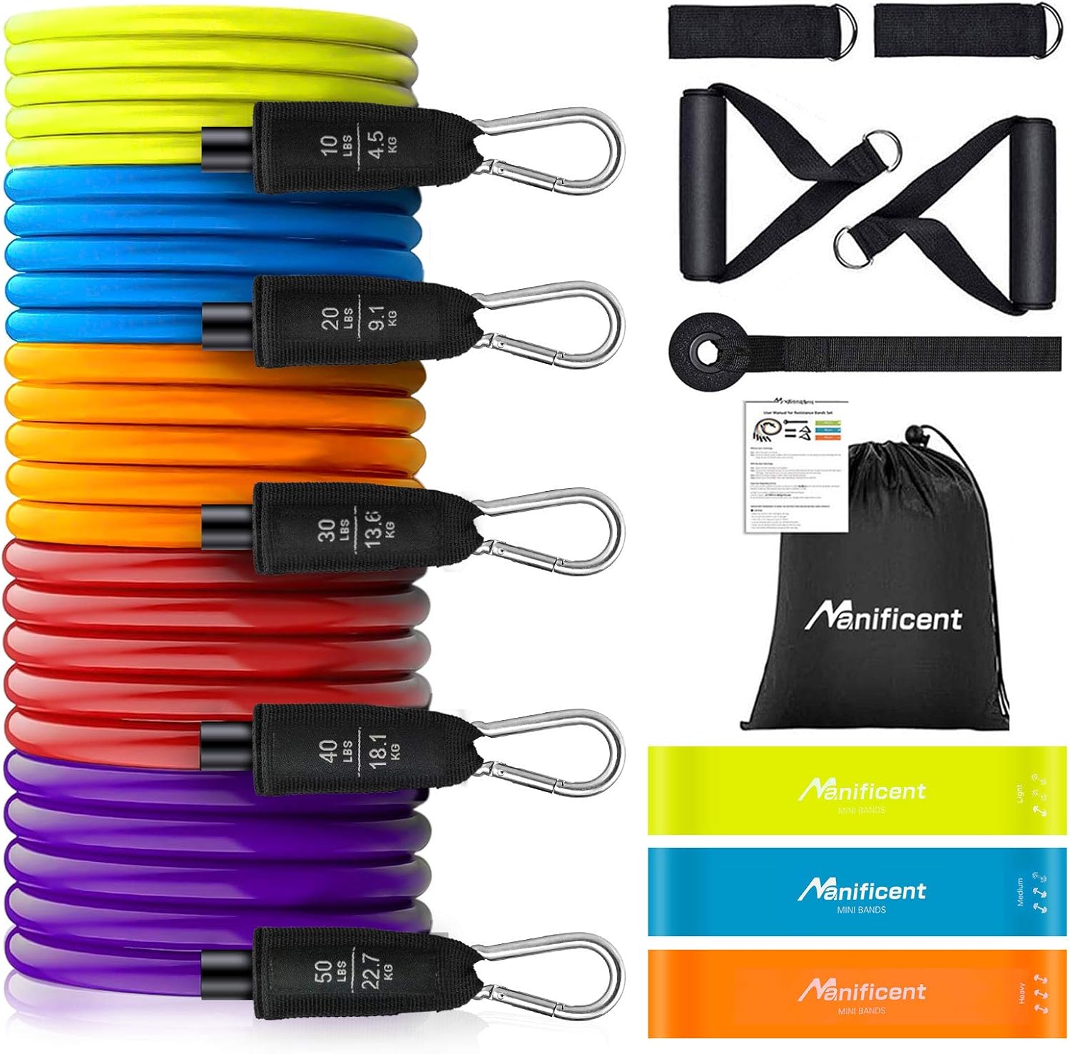 Manificent Resistance Bands Set, Heavy Duty Exercise Bands, Workout Bands, Tube Fitness Bands, 150 LBS with Handles, Door Anchor, Leg Straps, Mini Band for Men Women at Home Workout, Weight Training