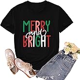 sallrue Christmas Shirts for Women Merry and Bright Tshirts Merry Christmas Shirt Xmas Holiday Tee Tops
