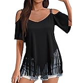 Remidoo Fringe Tops for Women Oversized T Shirt Bell Short Sleeve Sexy V Neck Shirts