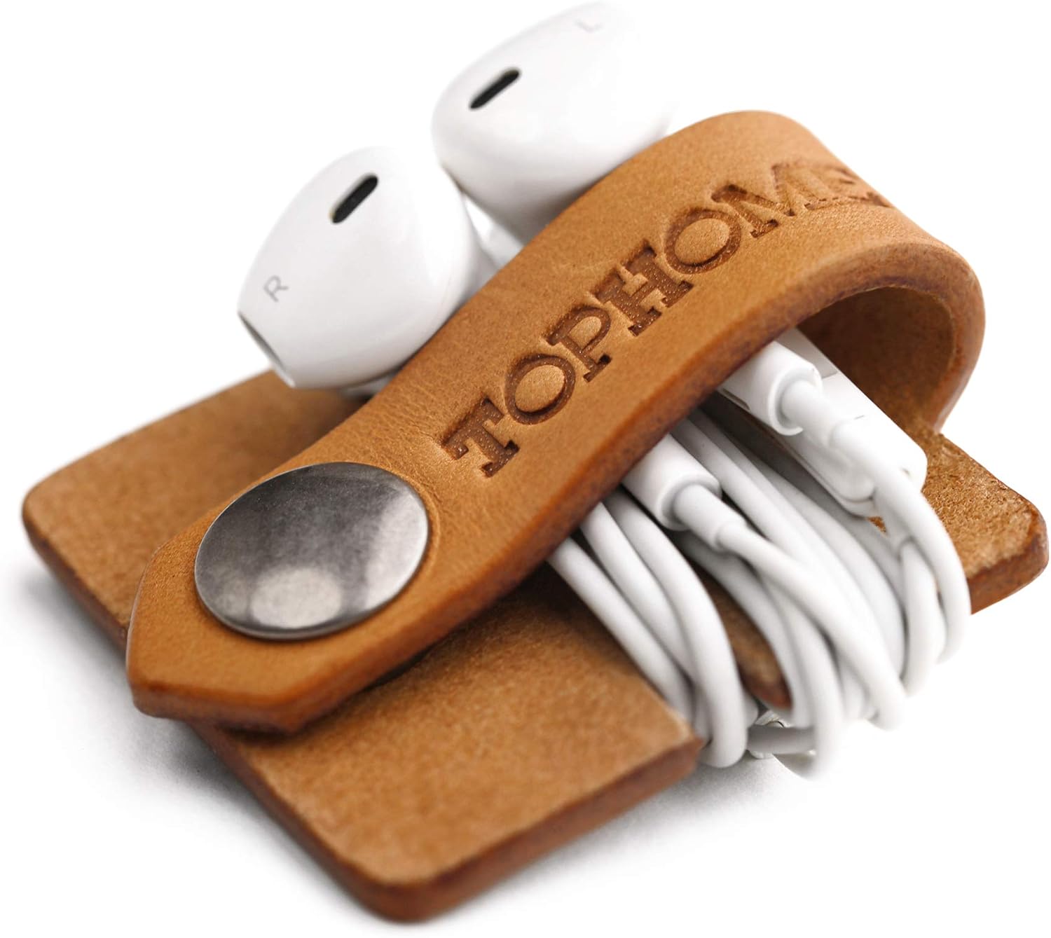 TOPHOME Cord Organizer Earbud Holder Earphones Headphones Winder Keeper Earbuds Case Storage Wrap Headset Genuine Leather Cable Organizer, Orange Yellow: Electronics