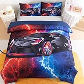 Podol 3 Pieces Race Car Comforter Set Full Size Red and Blue Sports Car Bedding Sets for Boy Lightnings Tie Dye Bed in a Bag