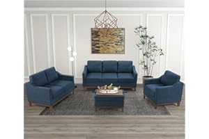 HAOMARKETS 4-Piece Living Room Sofa Set with Coffee Table, Vintage Rivet Couch Sets with Solid Wood Legs, Sofas Furniture of Ottoman with Storage Space, Armchair, Loveseat and 3-Seat Sofa