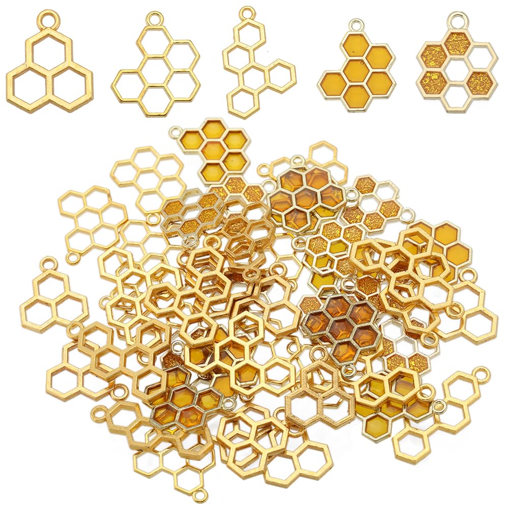 SUNNYCLUE 1 Box 60Pcs 5 Styles Bee charm & Honeycomb honeycomb Charms for Jewelry Making DIY Earrings Bracelet Necklace