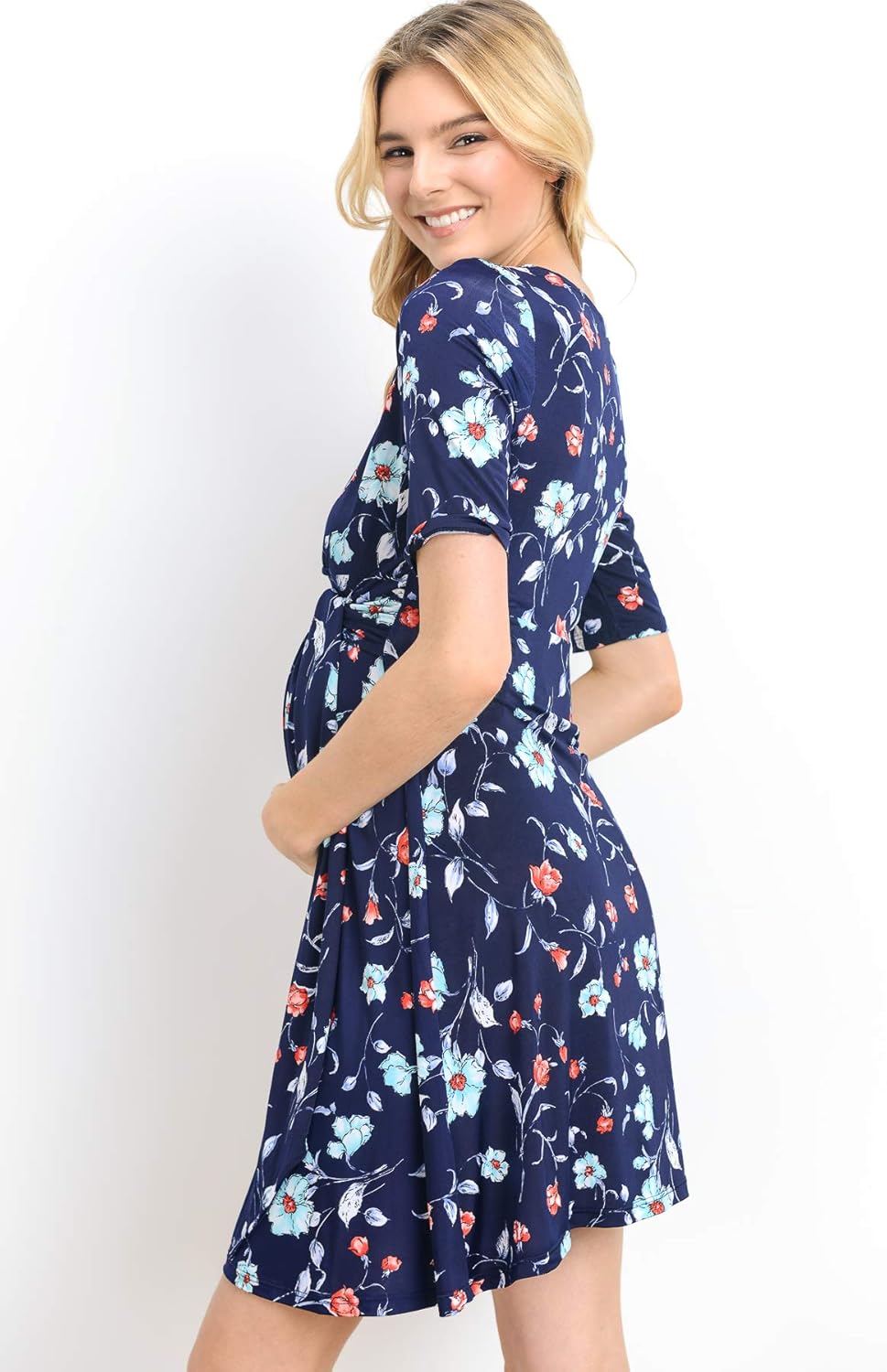 Hello MIZ Flower Print V-Neck 3/4 Sleeve Baby Shower Front Tie Wrap Maternity Dress at  Women’s Clothing store