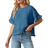 RPYHF Womens Summer Ruffled Short Sleeve Crochet Blouse Sweater Casual Round Neck Ruffle Knit Pullover Sweaters