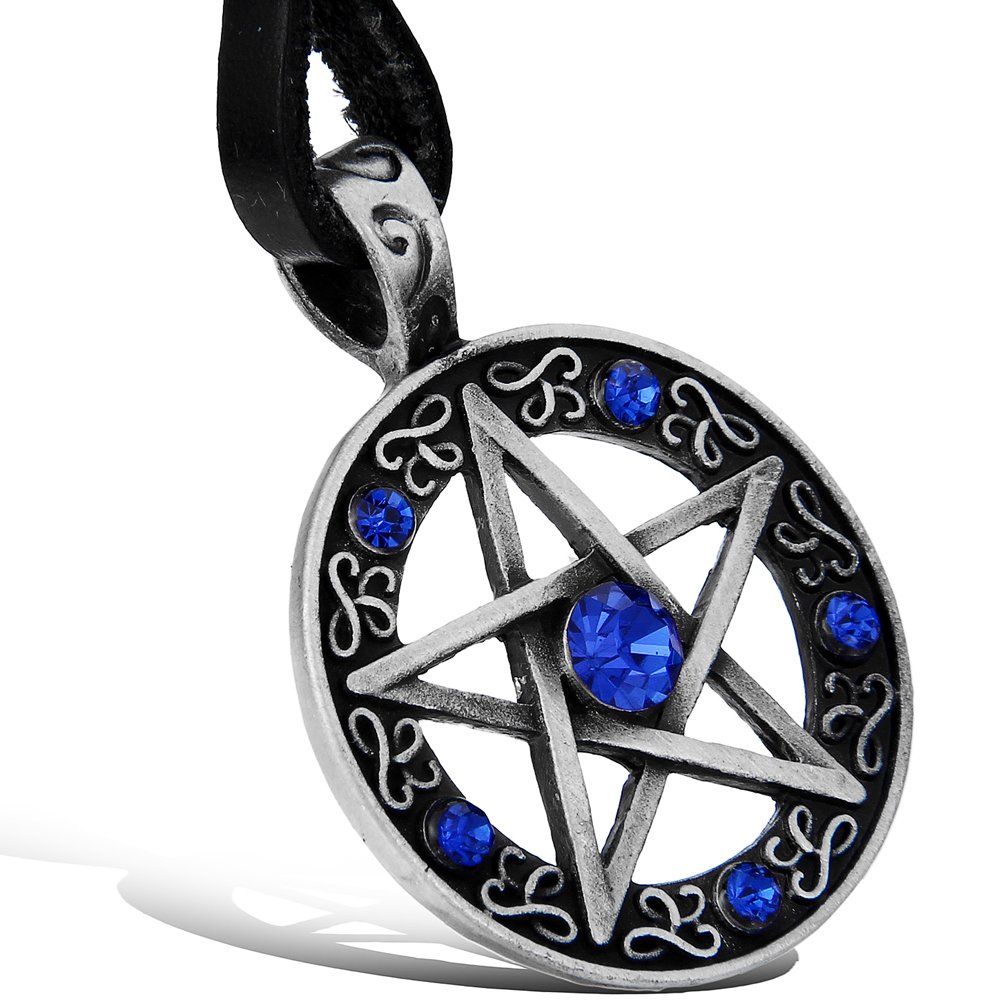 JewelryWe Gifts for Mum Womens Pentacle of Life Pentagram Wiccan Pagan Gothic Pendant Necklace with Blue Rhinestones (with Gift Bag)