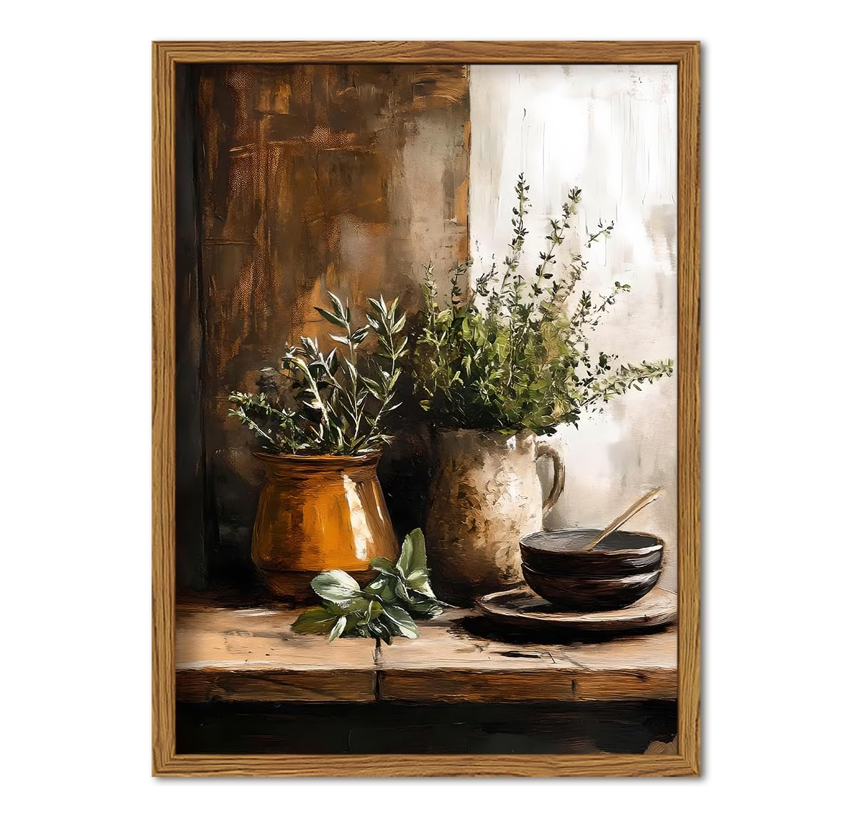 Framed Vintage Kitchen Wall Art, Rustic Herbs Pictures Wall Decor Paintings, Farmhouse Cottagecore Botanical Canvas Prints Moody Home Decor Aesthetic for Dining Room Living Room 12x16 inch