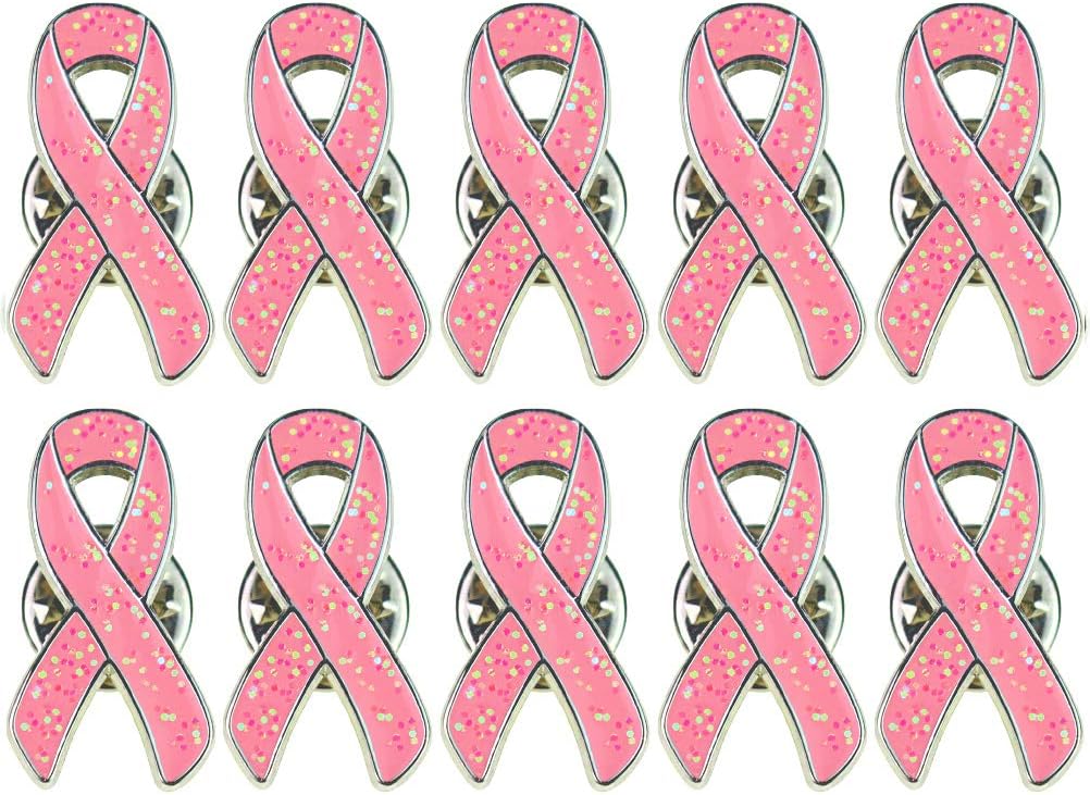 Pink Ribbon Breast Cancer Awareness Lapel Pin Color 2 with Glitter Filled for Breast Cancer Awareness Month