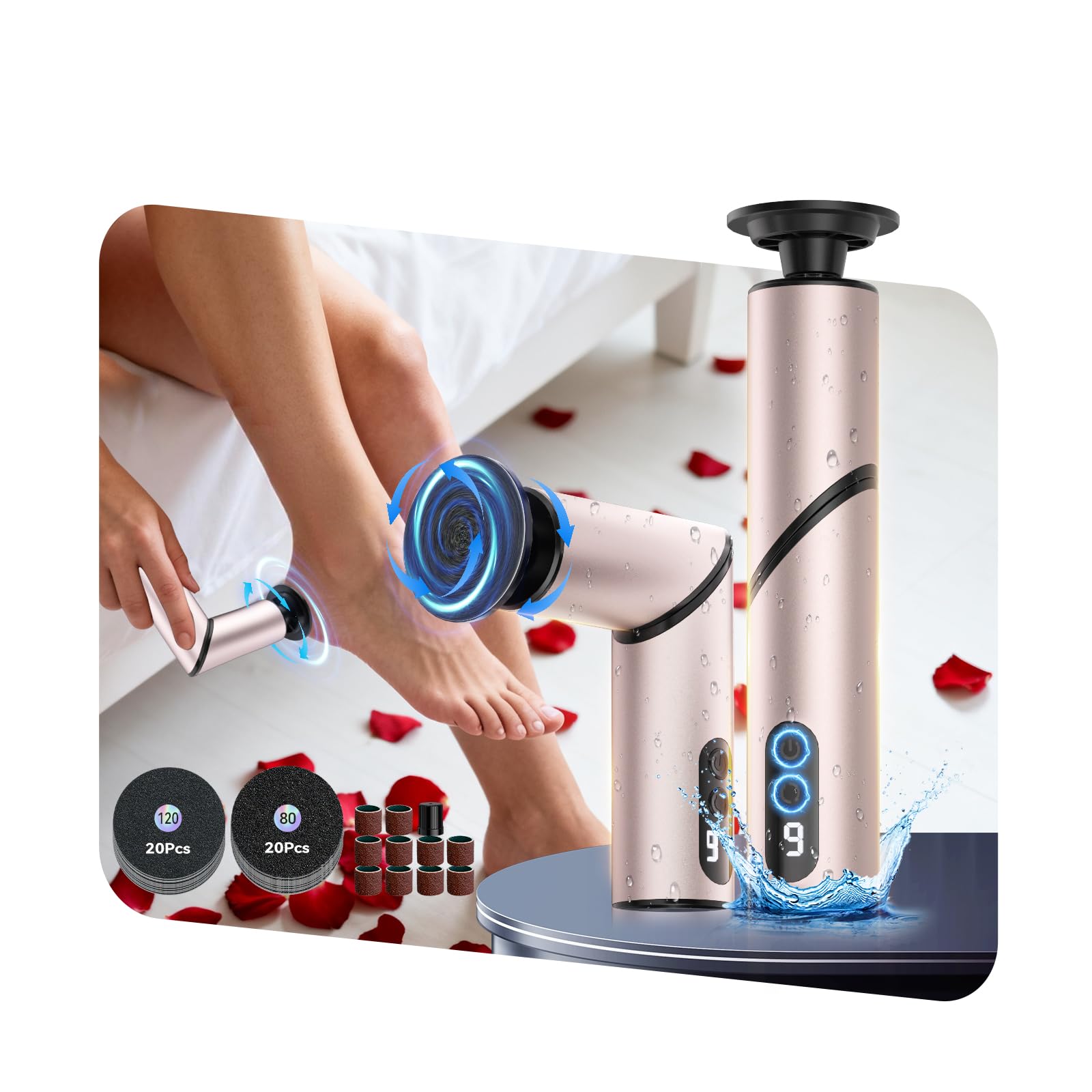 Photo 1 of 5-in-1 Professional Electric Callus Remover for Feet(Portable & Foldable), Removes 99.92% of Calluses in 3 Mins, Eectric Foot Callus Remover Pedicure Kits with 10 & 40 Grit Pads for Smooth Feet, Pink