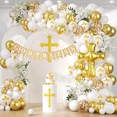 PityBlns First Communion Balloons Arch Kit 140Pcs, Baptism Balloon Garland Arch Mi Bautizo Decor White and Gold Cross Balloon for First Holy Communion Baptism Baby Shower Birthday Party Decorations