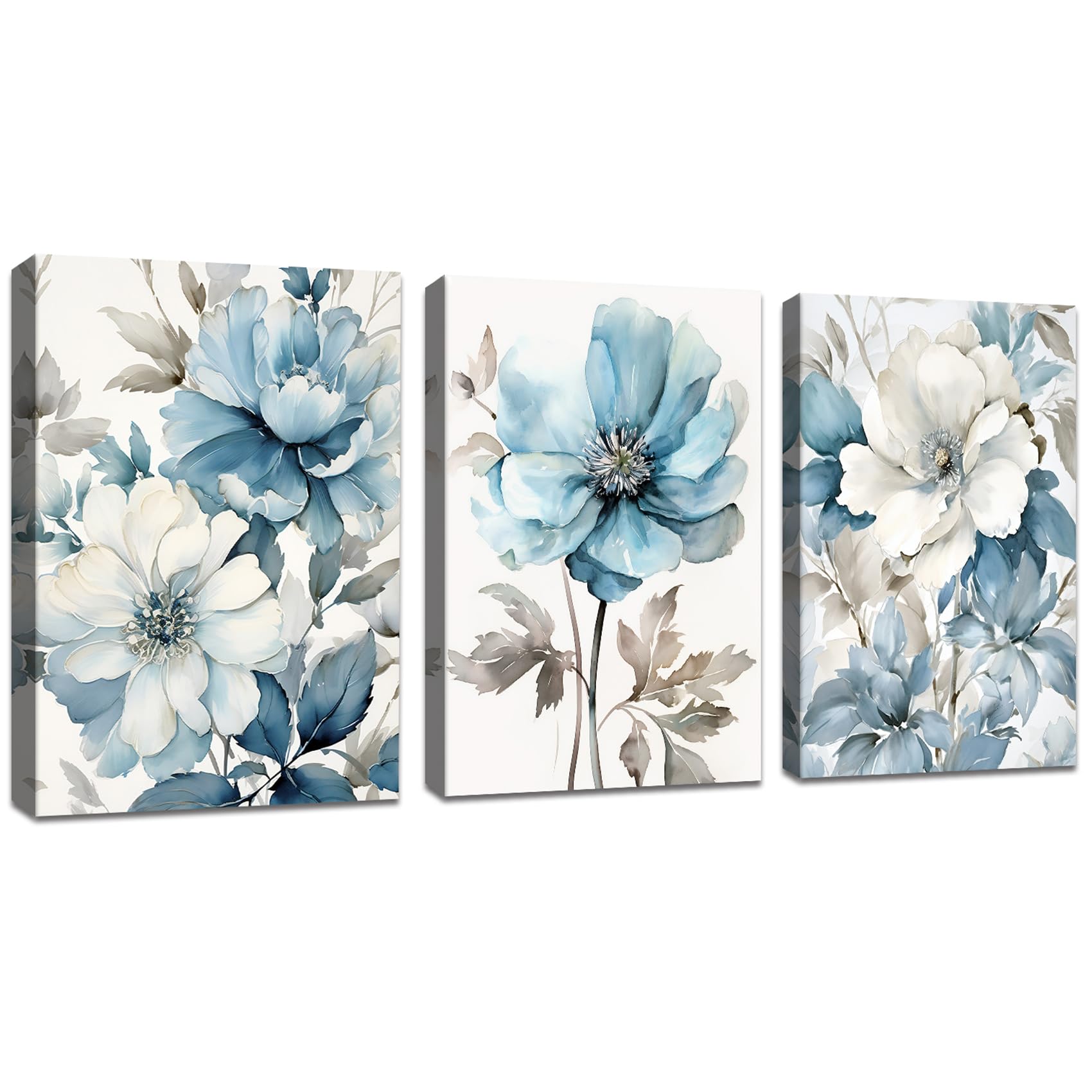 FajerminArt 3 Pcs Modern Floral Blossom Canvas Wall Art Grey and Blue Flowers Ink Pictures Canvas Print Paintings for Living Room Bedroom Office Ready To Hang Stretched On Frame 30x40cmx3 Pcs — image 1