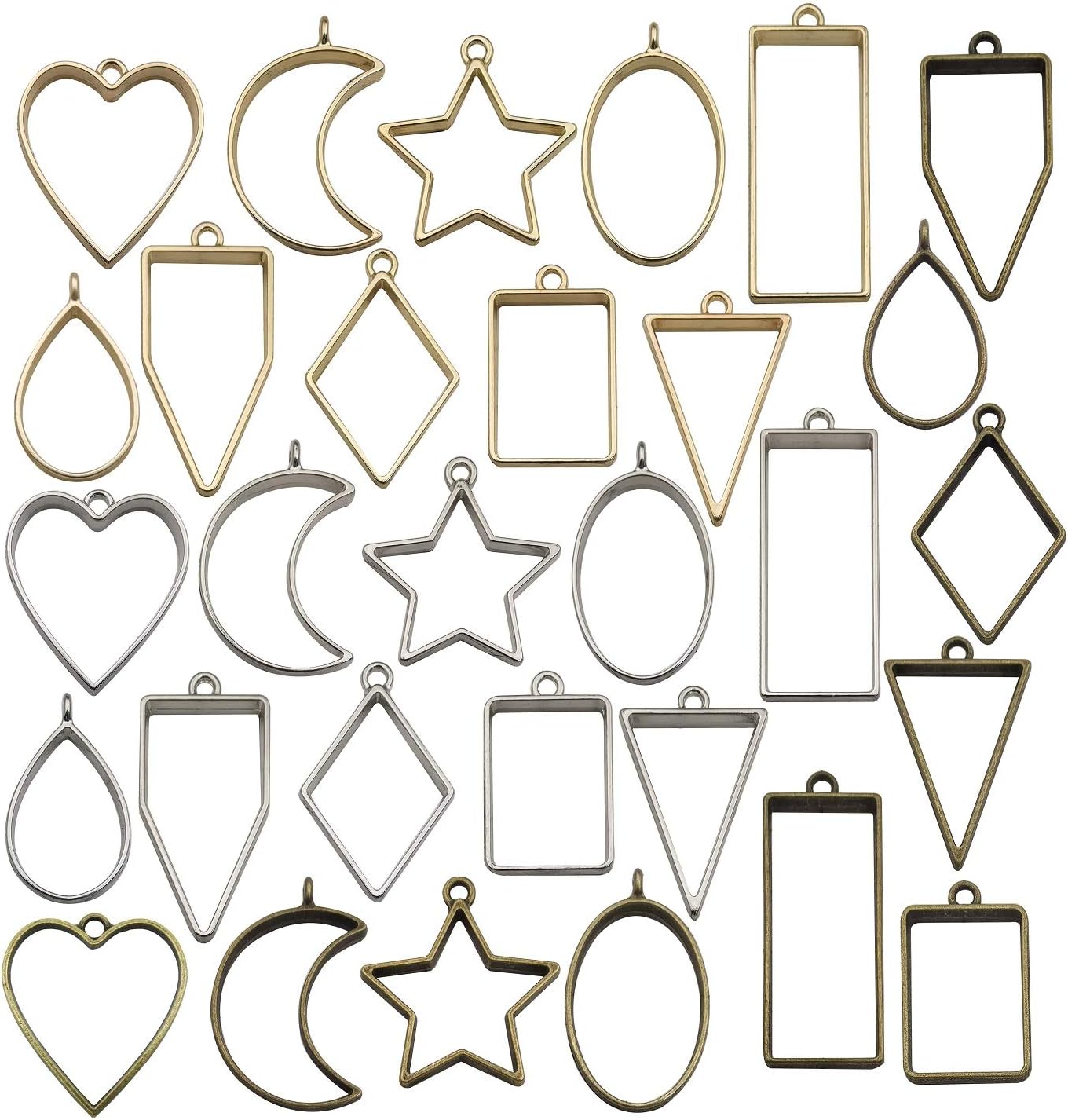 30PCS Bezel Charms Pendants Open Back Bezel Pendants Hollow Mold Pendants Assorted Geometric Hollow Pressed Flower Frame Pendant DIY Crafts for Resin Earrings Necklace Bracelet M285