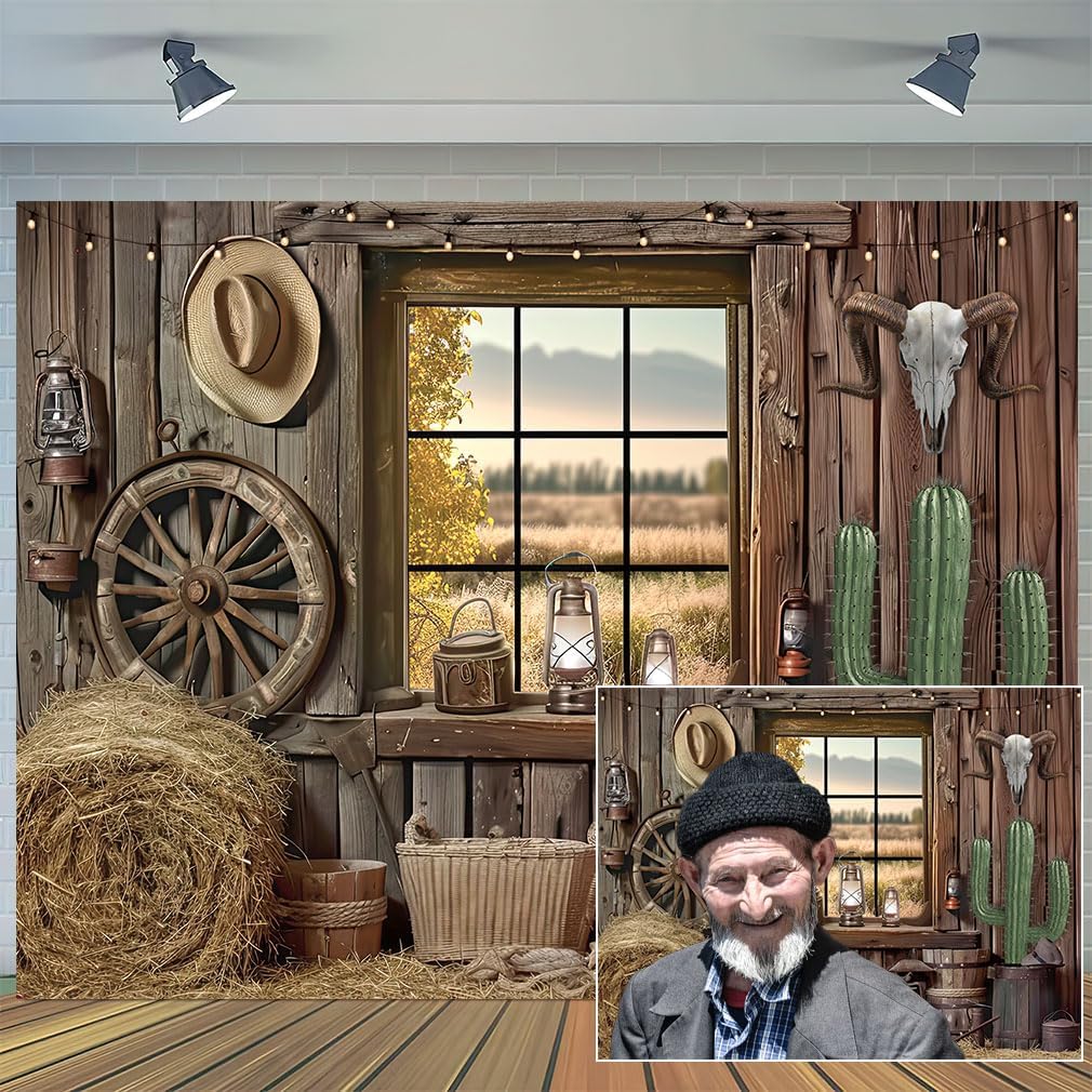 Photo 1 of 10x8 ft Western Cowboy Backdrops Vintage Wild West Rustic Wooden Barn House Photography Background for Party Decoration Backdrop Indoor Outdoor Decor Banner Props Photography Studio Props
