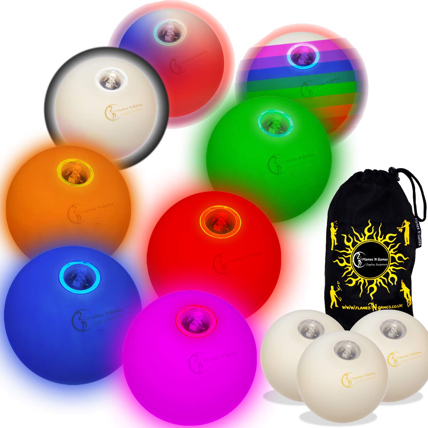 Flames 'N Games Pro LED Glow Juggling Balls - 3x UV Ultra Bright Battery Powered Glow LED Juggling Ball Set with Drawstring Travel Bag. (Orange)