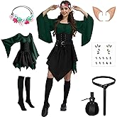 NFAUEIK 7PCS Women Elf Costume Renaissance Dresses Halloween Medieval Irish Dress Fairy Costume