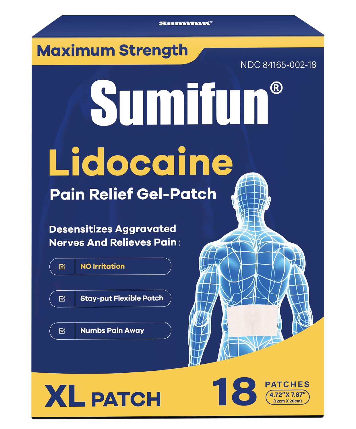 Photo 1 of Sumifun 4% Lidocaine XL Pain Patches | Extra Large 4.72"x7.87" for Full Back & Thigh Coverage | Maximum Strength OTC Numbing | 8-Hour Medical Adhesion, 18 Patches