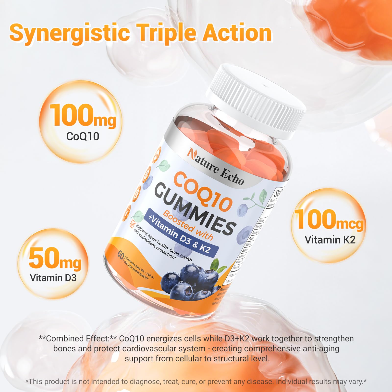 Nature Echo CoQ10 Gummies, Coenzyme Q10 Supplement 100mg with Vitamin D3 2000 IU & K2 100mcg, Sugar Free, Heart Health, Bone Support & Antioxidant, Vegan, Non-GMO, Blueberry Flavor - 60 Gummies