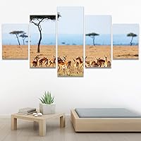 SIGNWIN 5 Panel Canvas Wall Art Modern Art Animals Dramatic Giraffe Lion Multicolor Photography Southwest for Home Decorations Ready to Hang - 60