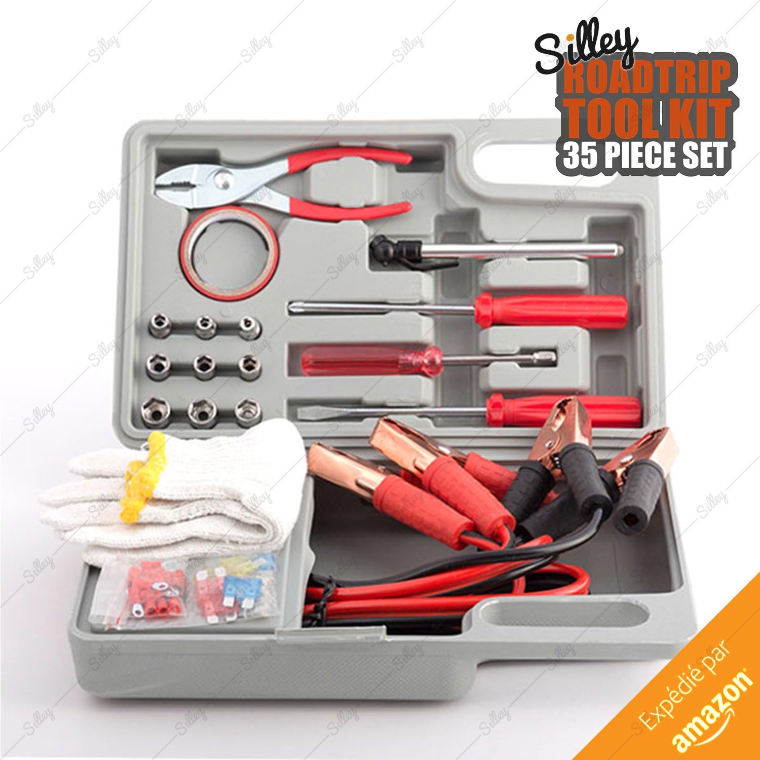 Silley® Car Emergency Kit - Case with 35 Different Items: Insulated Jump Leads, Flat Head Screwdriver, Phillips-Head Screwdriver, Tire Pressure Gauge, Pliers, Pair of Fabric Work Gloves, Insulating Ribbon, 9 Screwdriver Bits, 18 Electrical Connectors, Durable Storage Case