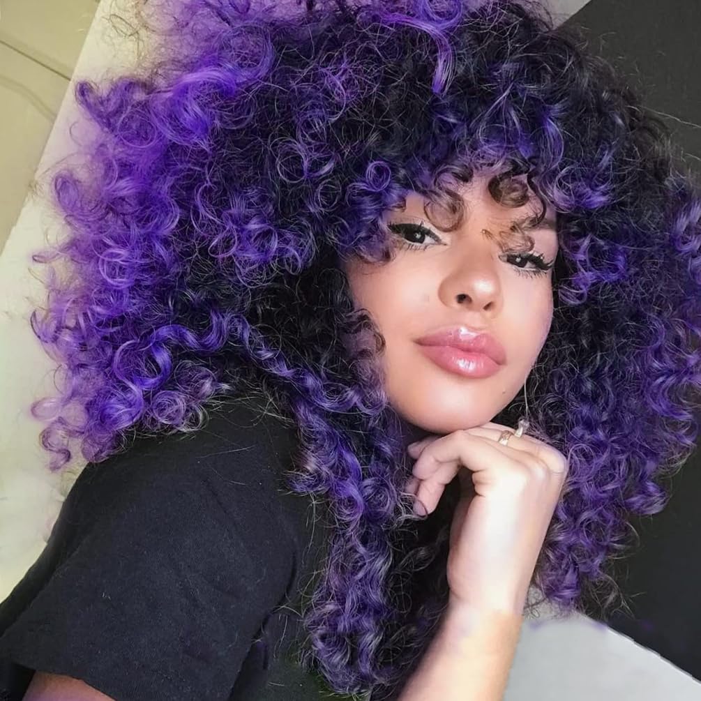Colorful panda Deep Curly Afro Wigs for Women Medinum Length Natural Synthetic Hair Afro Kinky Curly Wig for Costume Wig or Daily Wear (Black mixed Purple)