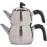 Karaca Belinay Teapot Set Silver Black, Medium Teapot, 18/10 Stainless Steel, Teapot/Lid (1 lt, 2.20 lb), Tea Kettle (1.6 lt, 3.5 lb), Suitable for Induction