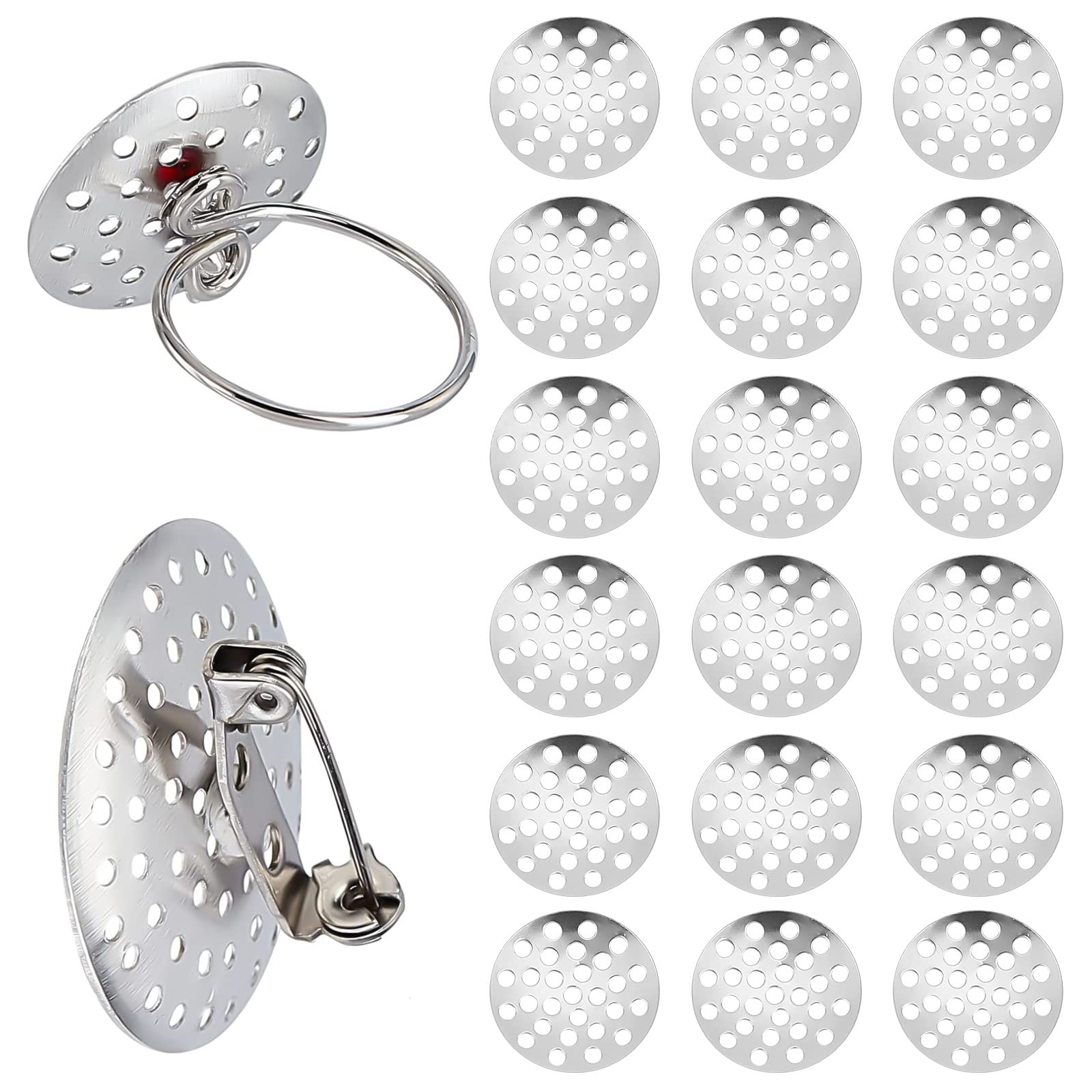 SUNNYCLUE 1 Box 200pcs Brooch Base Setting Brooch Sieve Findings Blank Round Discs Flat Tray Ring Component Base for jewellery Making Accessories Women Adult DIY Brooches Rings Crafts Supplies