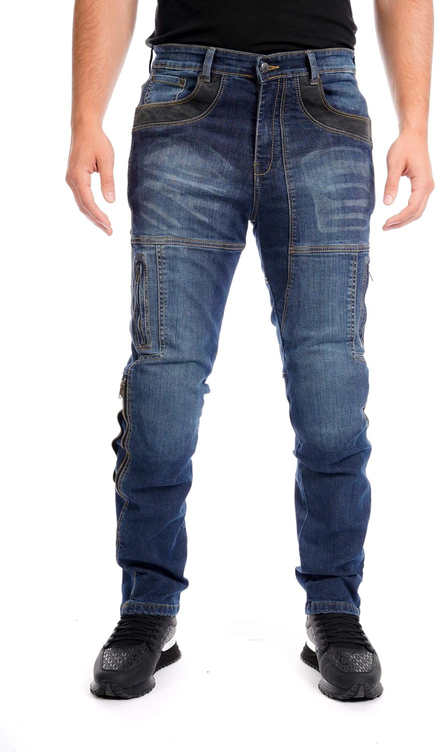 newfacelook Mens Motorcycle Jeans Denim Motorbike Pants Stretch Panel