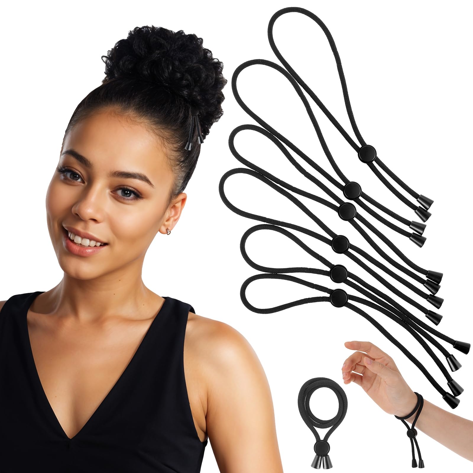 6PCS Adjustable Hair Ties for Curly Hair, Black No Damage Puff Cuff Long Bungee Hair Ties Natural Hair Headbands Accessoriesfor Afro Puffs Ponytails Braids Pineapples Black Women and Girls