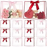 Kosiz 12 Pcs Valentine's Day Clear Plastic Gift Bags with Handle 12.2 x 9.8 x 5.1 Inch Reusable Red Pink Party Favor Bags with Ribbon Transparent Gift Wrap for Valentine's Day Birthday Wedding