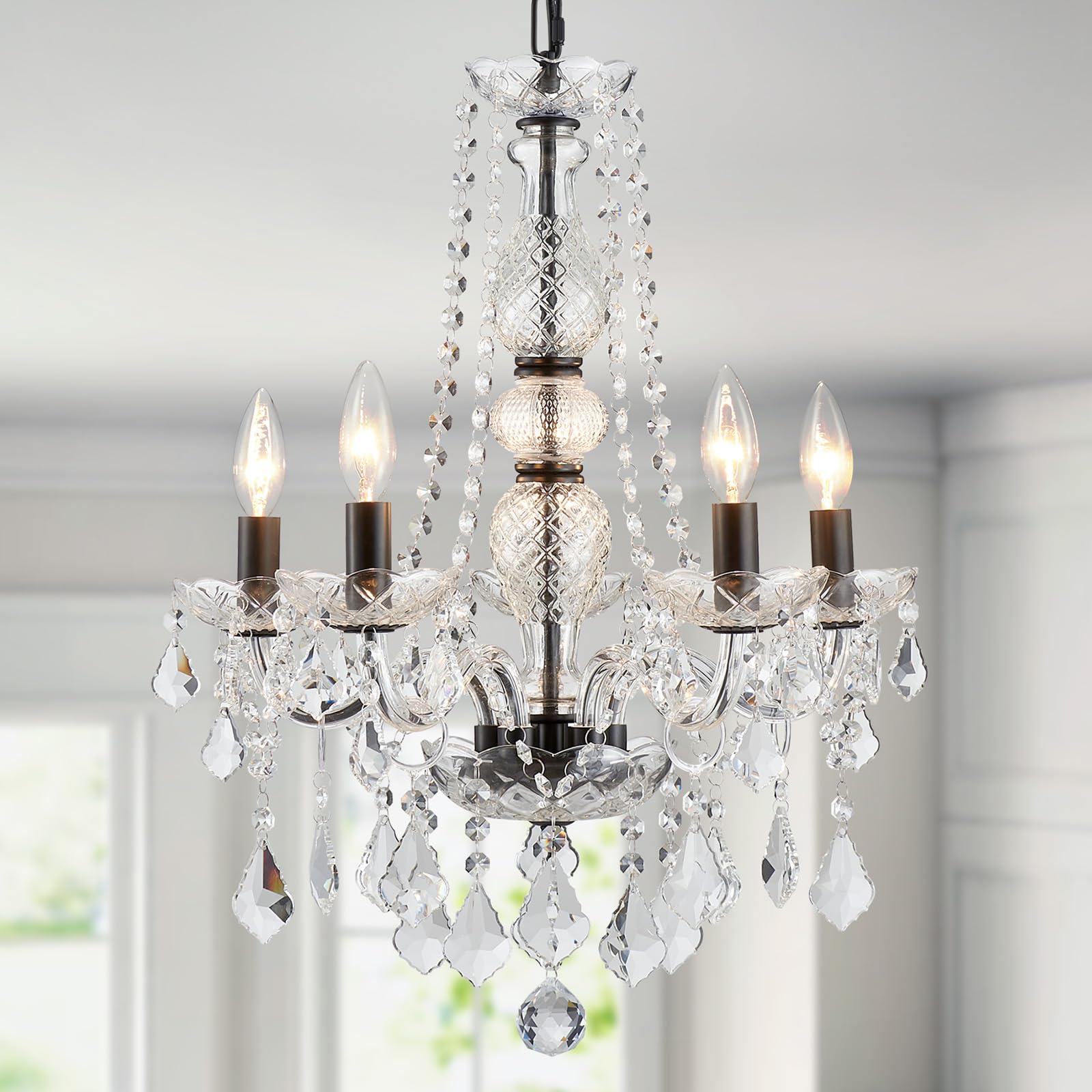 Photo 1 of WUZUPS Crystal 5-Light Candle Chandelier Pendant Flushmount Ceiling Light Modern Lighting Fixture for Bedroom Hallway Bar Kitchen Bathroom, H 25" x W 20", Black, E12 Base