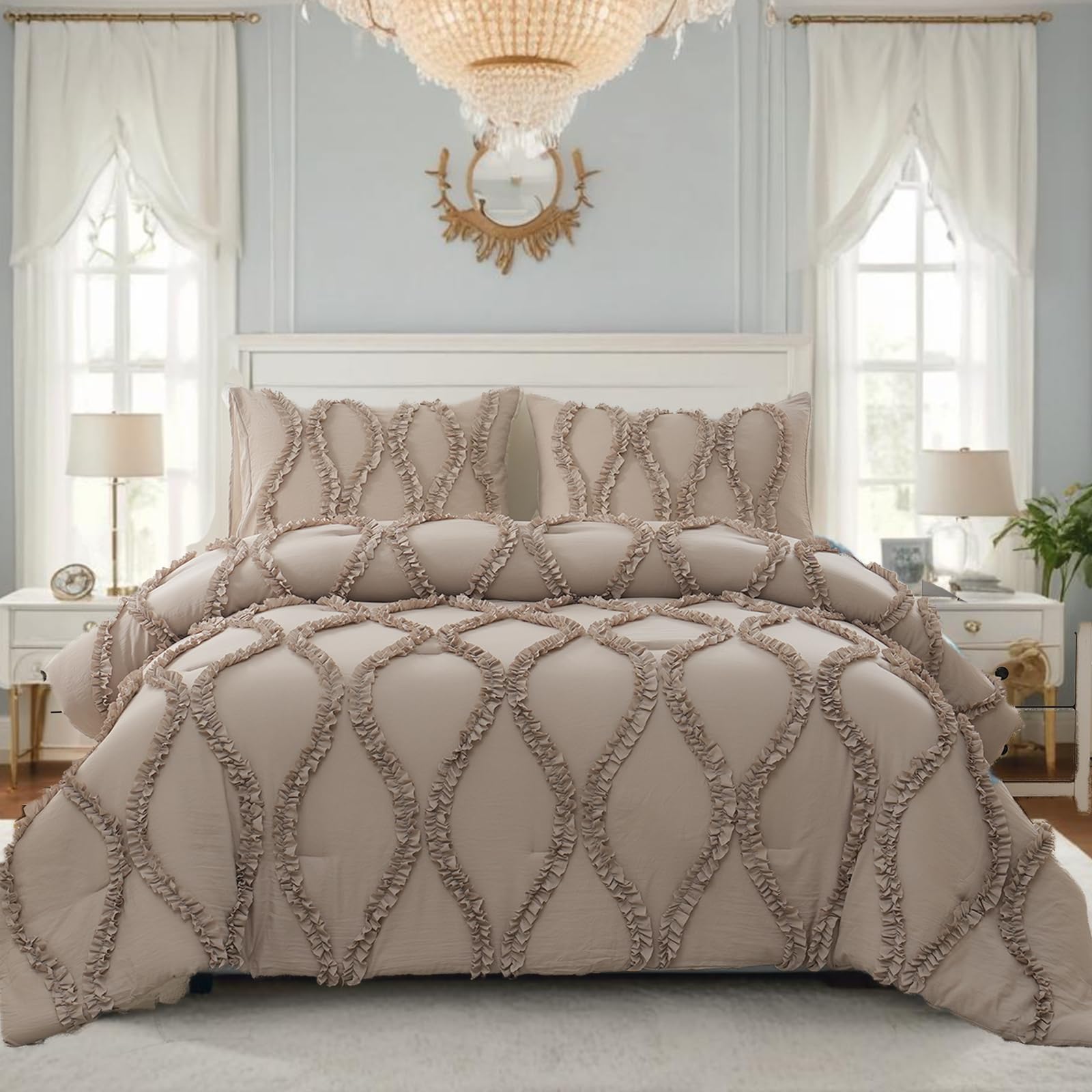 Grand Avenue Taupe Comforter Set Queen Size, 15 Piece Terry Embroidery All Season Room In A Bag, Matching Curtains, Sheet Set, Pillows & Shams