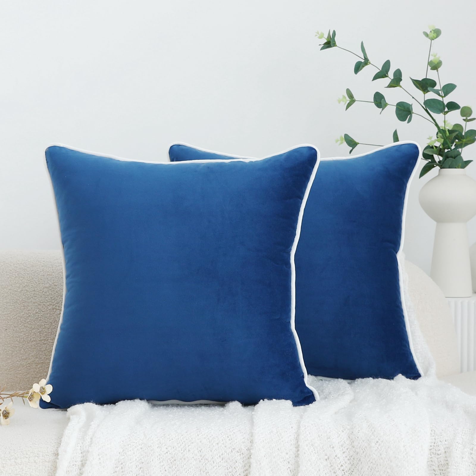 LIGICKY Set of 2 Navy Blue Velvet Throw Pillow Covers Modern Minimalist Style Solid Decorative White Rope Edging Soft Square Cushion Cases for Sofa Bedroom Party Décor, 18 x 18 inch — image 1