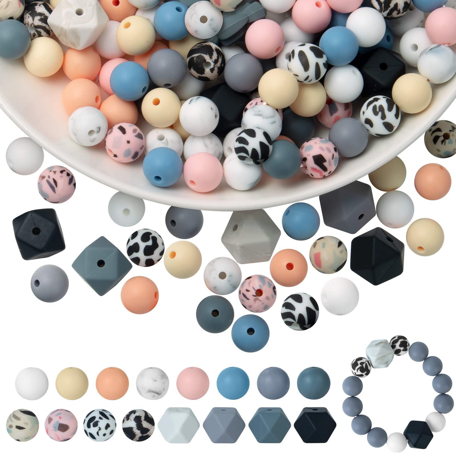 UNAZOVER Pack of 104 Silicone Beads for Bracelets, Round Polygon Colourful Craft Beads with Holes for DIY Necklace, Bracelet, Jewellery, Crafts, DIY Crafts