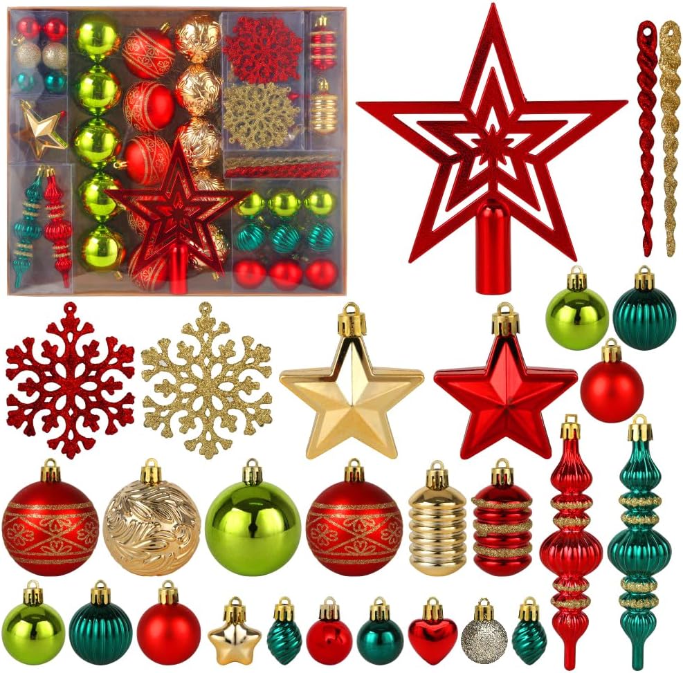Ornaments - Christmas Tree Ornaments 78 Pack Christmas Tree Decorations Red and Green Gold Christmas Ball Shatterproof Hanging Tree Ornament Set Assorted Set with Hooks