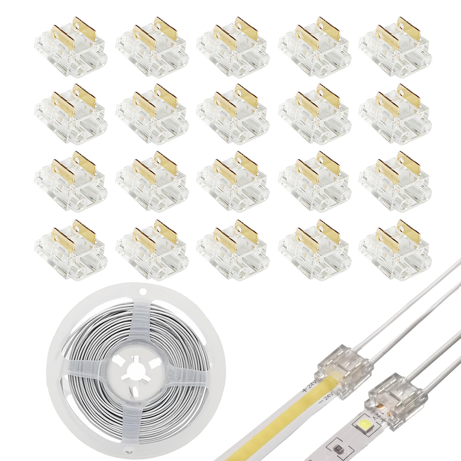 Photo 1 of Hosyl Solderless COB LED Strip Light Connectors 20PCS+16.4ft 20AWG Extension Wire, 8mm 2-Pin DIY COB LED Strip to Wire Connectors Kit for Under Cabinet, Bedroom, Garage Lighting and DIY Projects