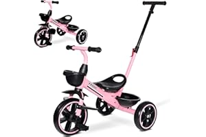 KRIDDO 2-in-1 Toddler Tricycle for Ages 18 Months to 5 Years Old - Extended Push Handle for Effortless Push, Gift Trike for Toddler 3 to 5 Year, Kids Tricycle with Foldable Front Footrest, Pink