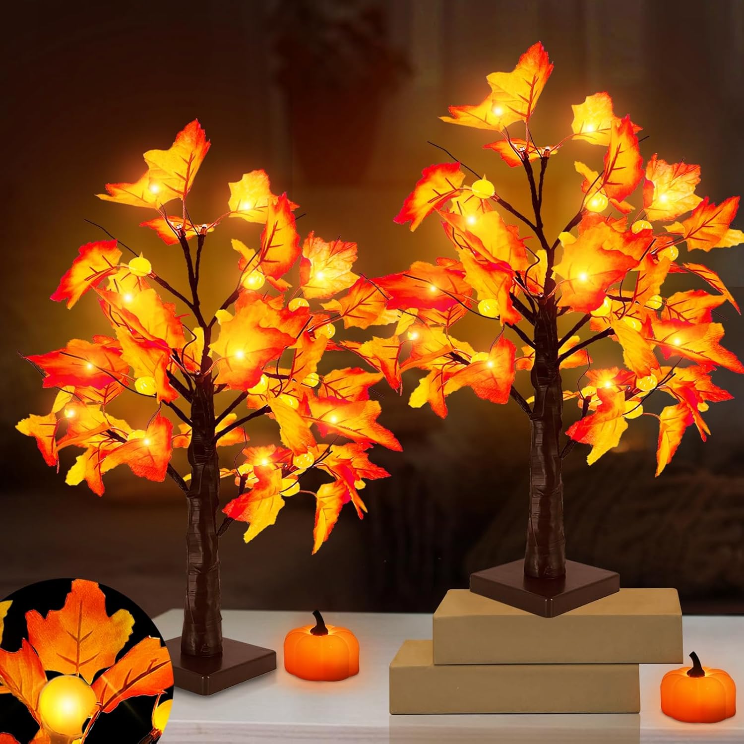 Trees - [ 2 Pack & Timer ] TURNMEON 18 Inch Lighted Fall Maple Tree with 48 Orange Red Pumpkin Lights Battery Operated Artificial Tree Fall Halloween Thanksgiving Decor Autumn Home Tabletop Indoor Decorations