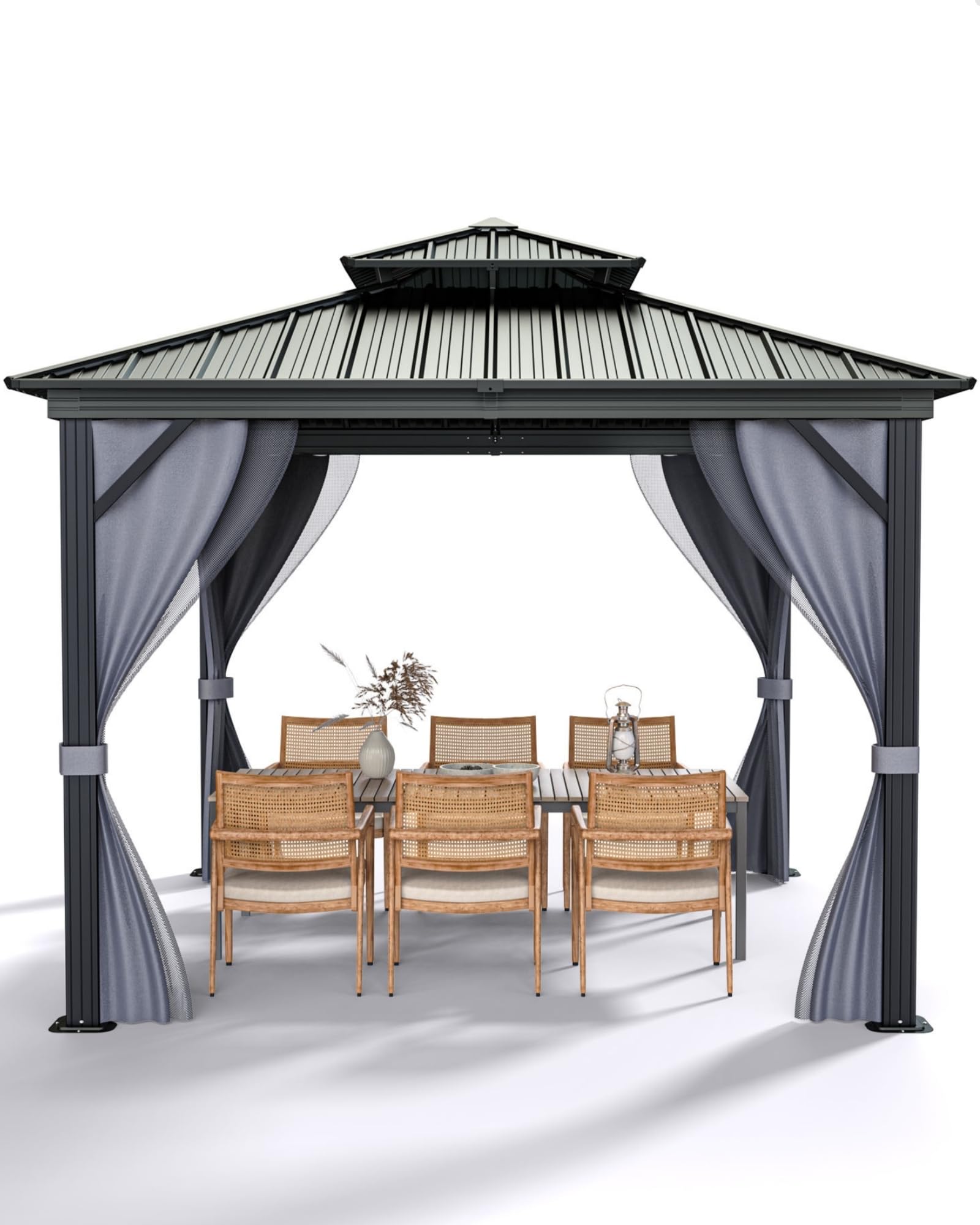 Photo 1 of GarveeLife Hardtop Gazebo 10 ft x10 ft for All Weather, with Double Metal Roof, Aluminum Alloy Frame, Net, and Curtain, Permanent Building for Patio, Deck, Backyard, Lawn, and Garden