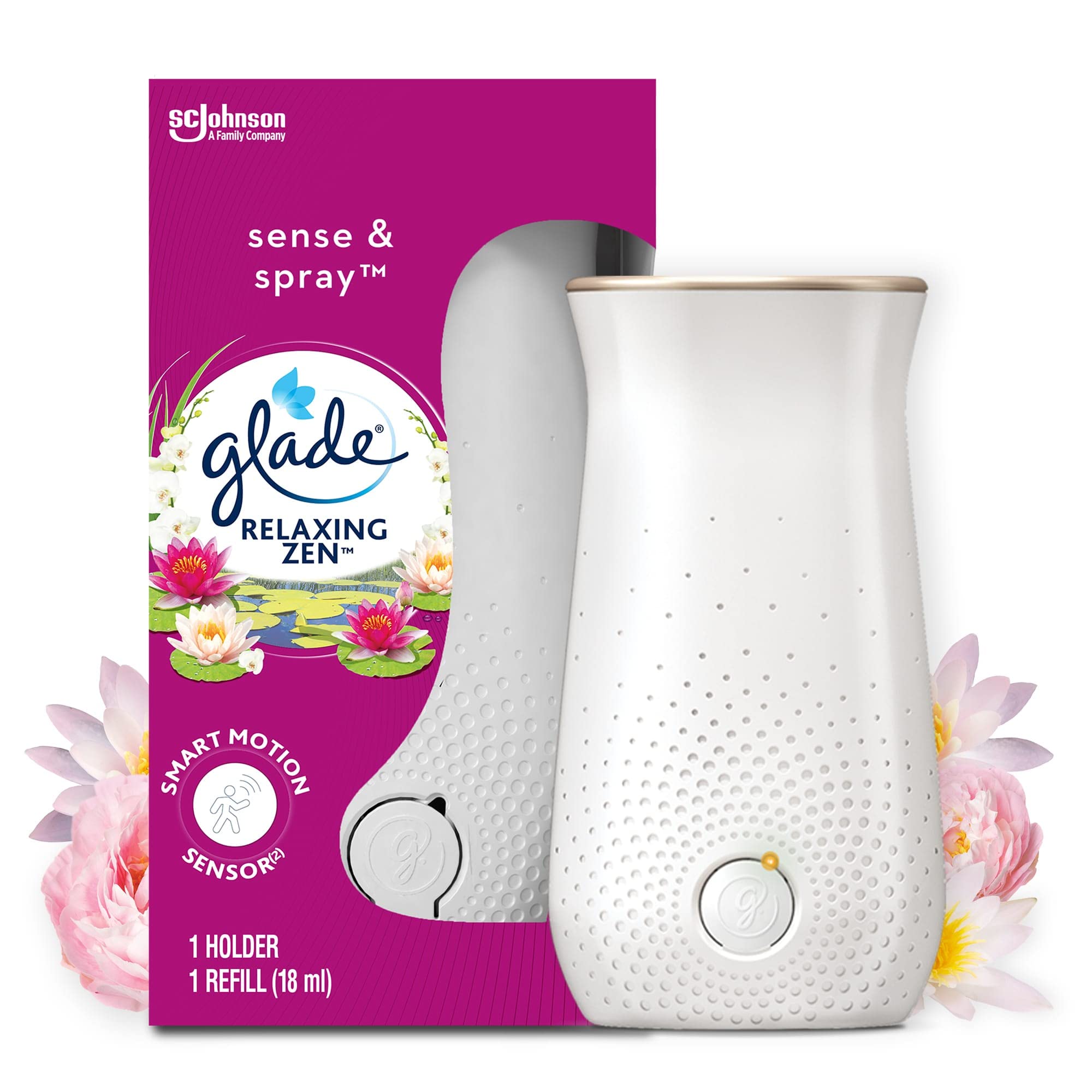Glade Sense & Spray Air Freshener Holder and Refills, Motion Activated Automatic Odour Eliminator for Home, Relaxing Zen, Pack of 4 Starter Kits, (4 x Holder and 4 x 18 ml Refill)