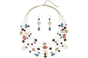 Coiris 5Layer Multi Color Beaded Illusion Wire Collar Statement Necklace with Earrings for Women