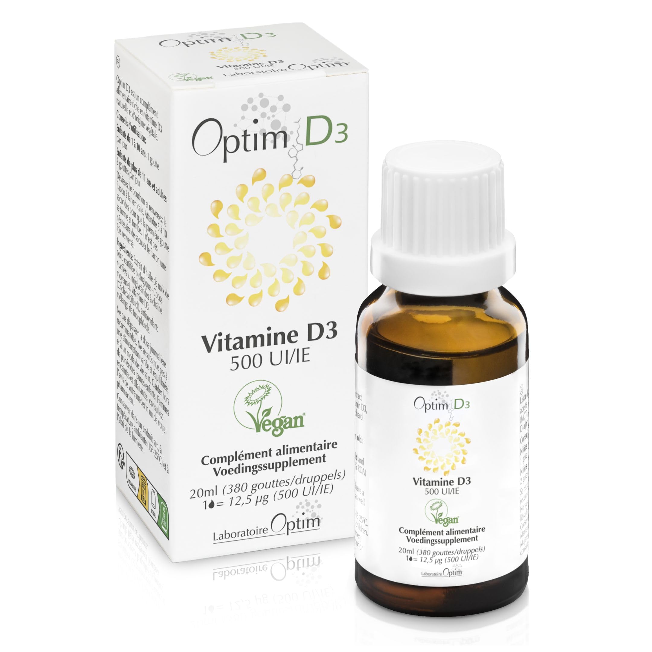 OPTIM D3 Plant-Based Vitamin D3 Supplement | Vitashine Vegan Vitamin D3 500 IU per Drop in Coconut Oil | for Children and Adults | High Strength | 380 Drops