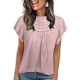Falechay Blouses for Women Summer Tops 2025 Trendy Ruffle Sleeves Mock Neck T Shirts Pleated Front Loose Fit Work Blouse